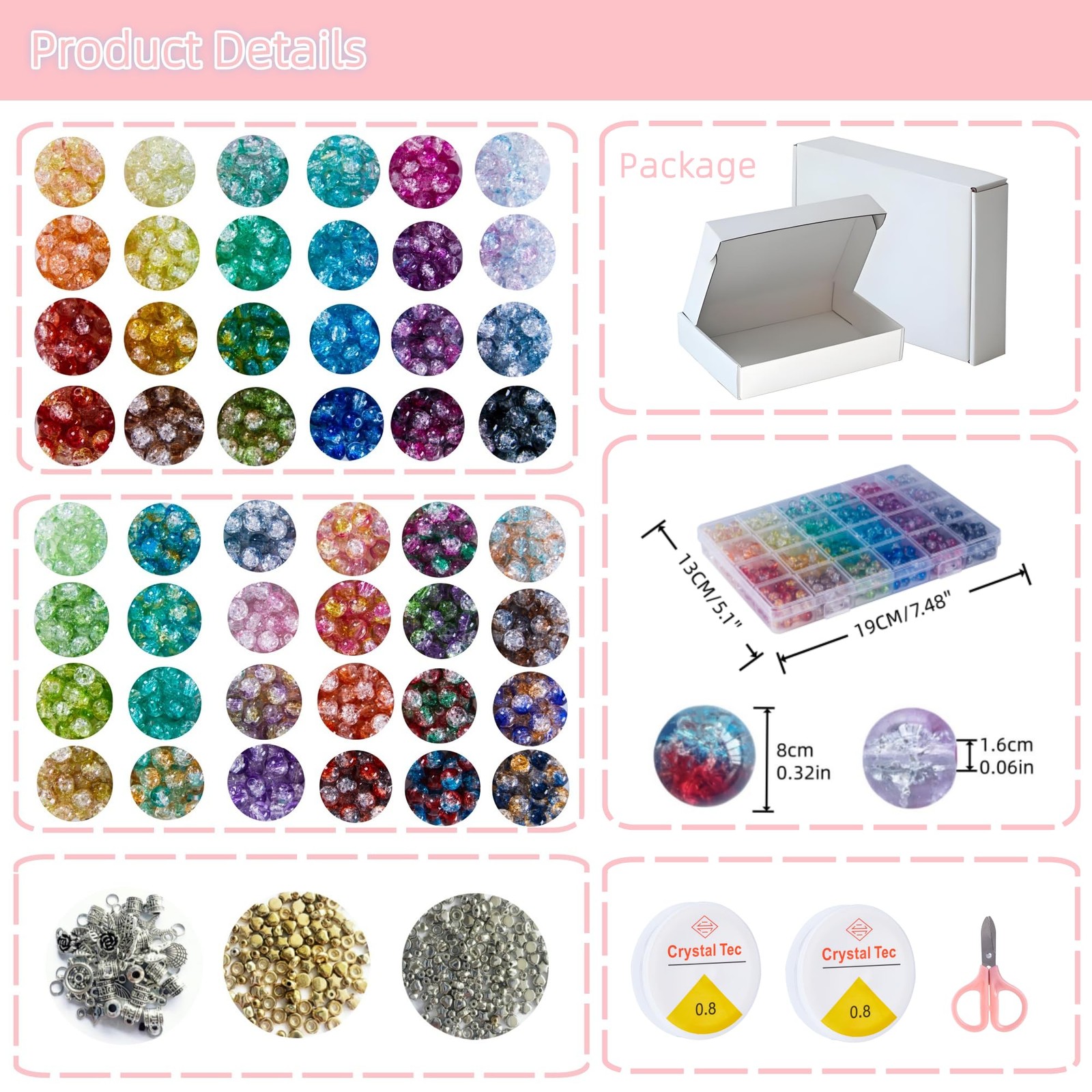1300PCS 8mm Mixed Crackle Glass Beads for Bracelets Making Small, Style 1