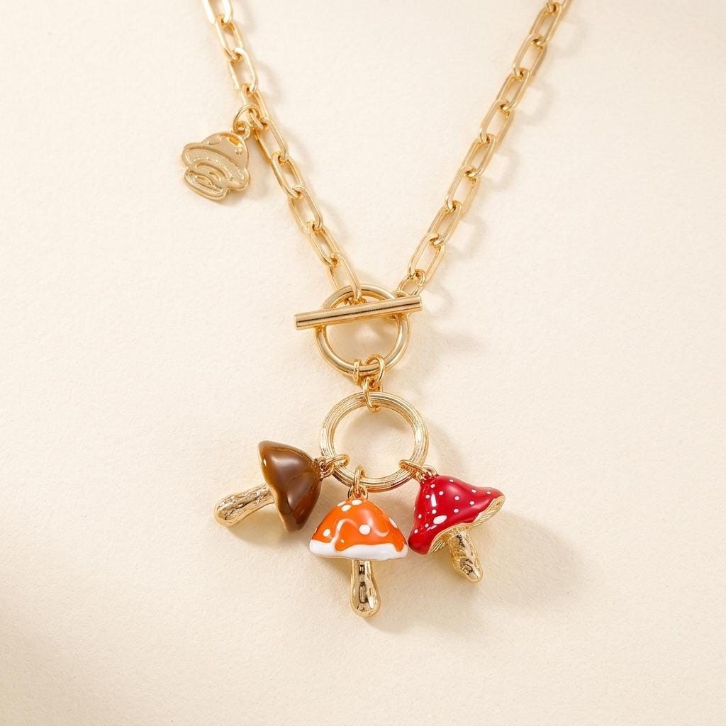 Multicolor Enamel Mushroom Charm Necklace,Paperclip Chain, Whimsical Woodland
