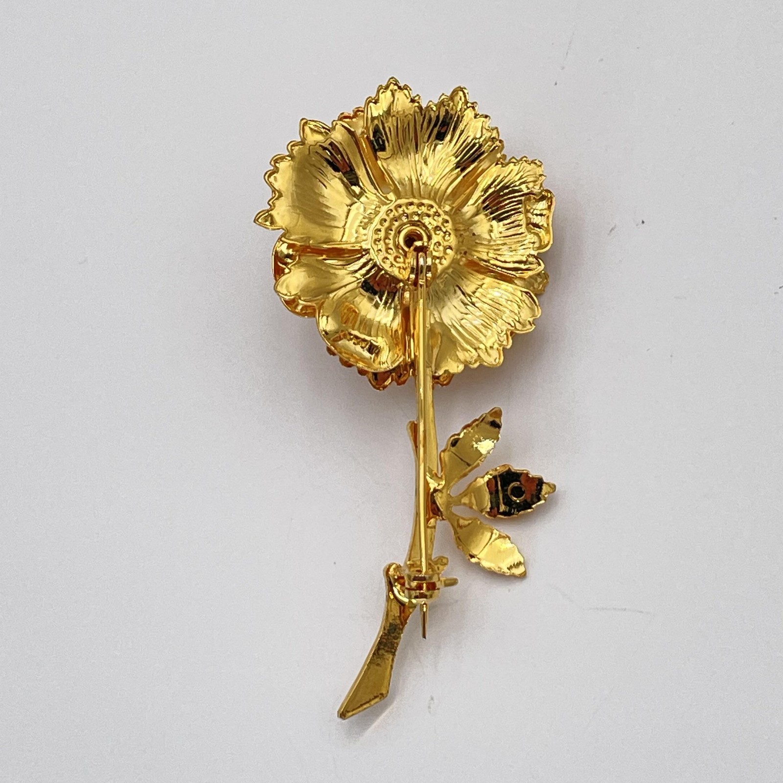 Gold Tone Layered Flower Brooch Pin Long Stem Floral Costume Jewelry