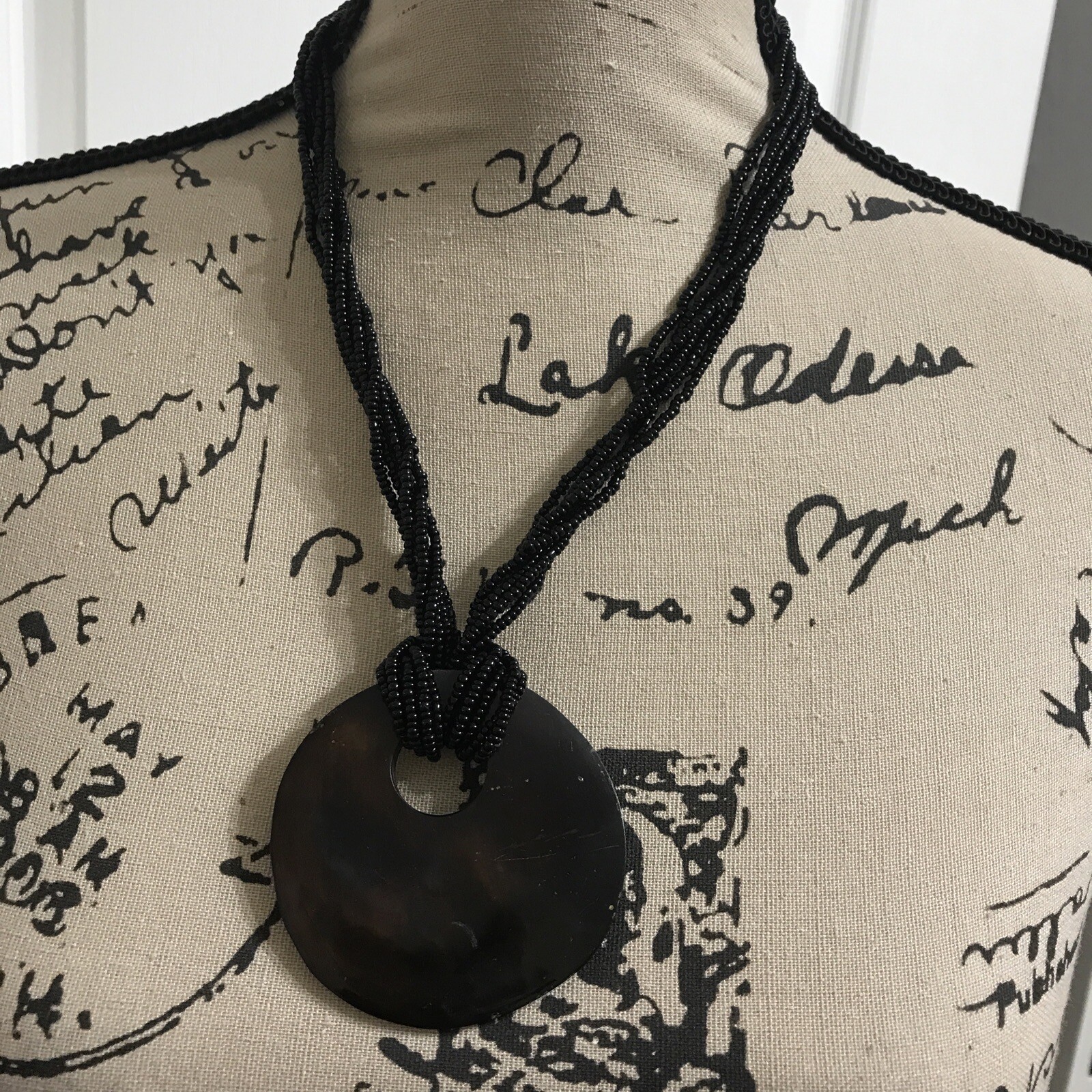 Black Pendant Round Disc Seed Bead Multi-Layer tussles Necklace African Kenya