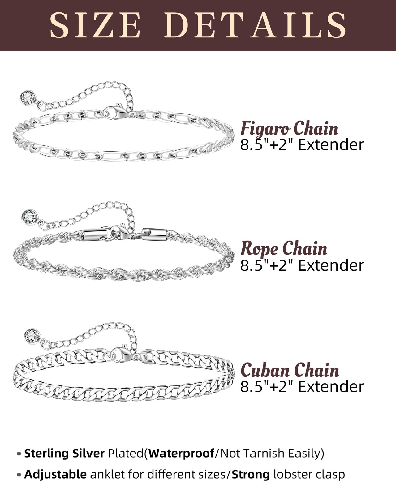 Melshabt Sterling Silver Ankle Bracelets for Women 8.5 Inch, Figaro,Curb,Rope