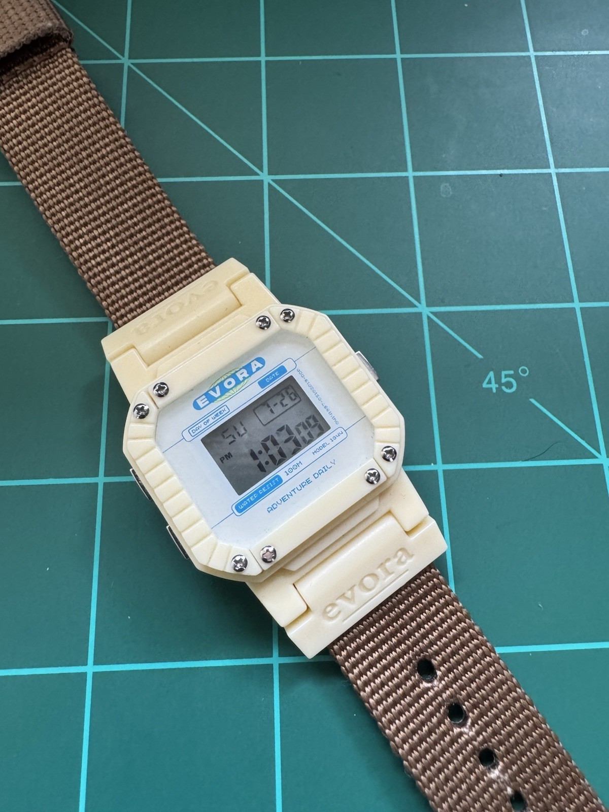 Evora 1403 Digital Quartz Day/Date 100m Beige Case Brown Nylon Strap 34mm