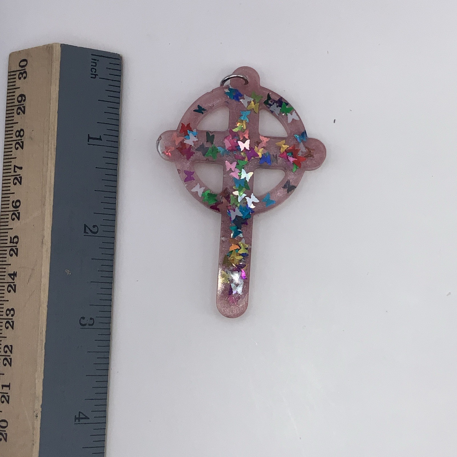 House Of David Handmade Cross Necklace Pink Butterflies