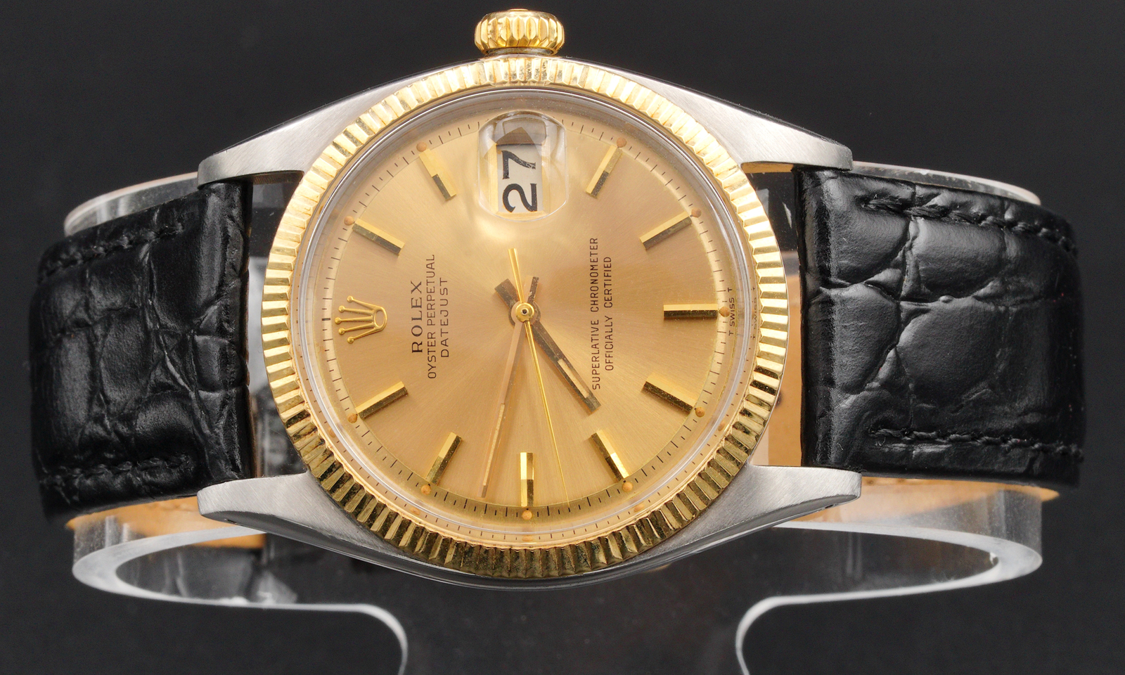 Vintage Mens Rolex Datejust 1601 Two-Tone Watch Gold Champagne Dial Black Strap