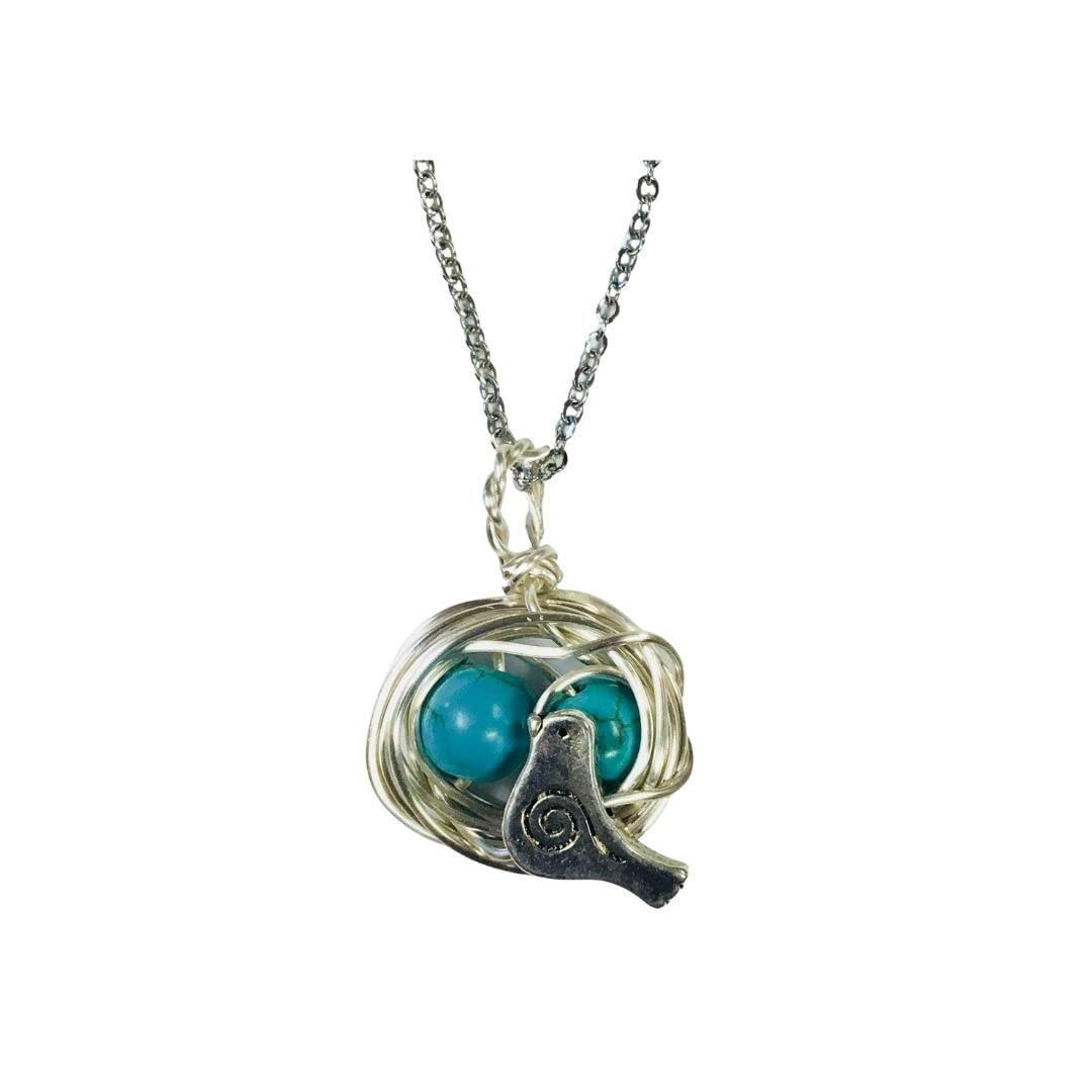 Robins Nest or Bird’s Nest Pendant Necklace with 2 Turquoise Eggs, FREE SHIPPING