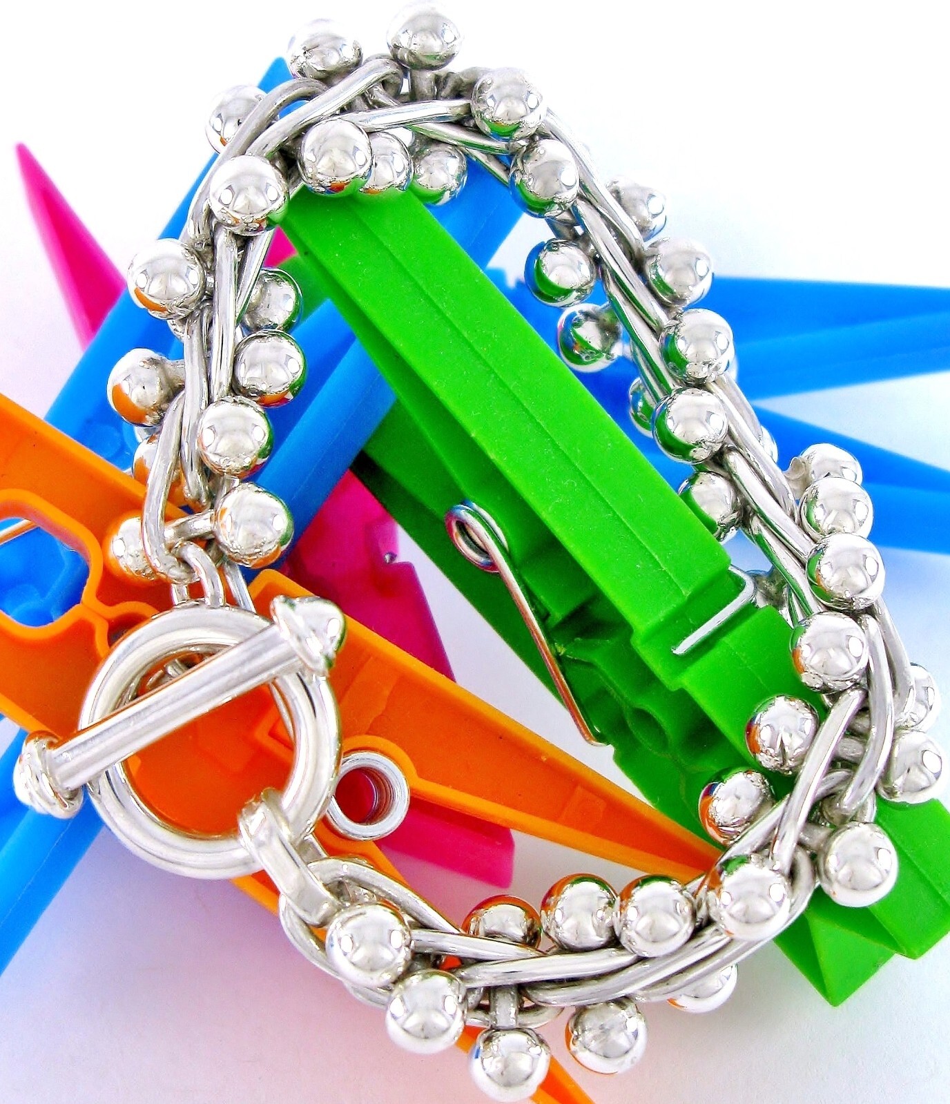 Solid Sterling Silver 925 DNA Beaded Toggle Bracelet 73g