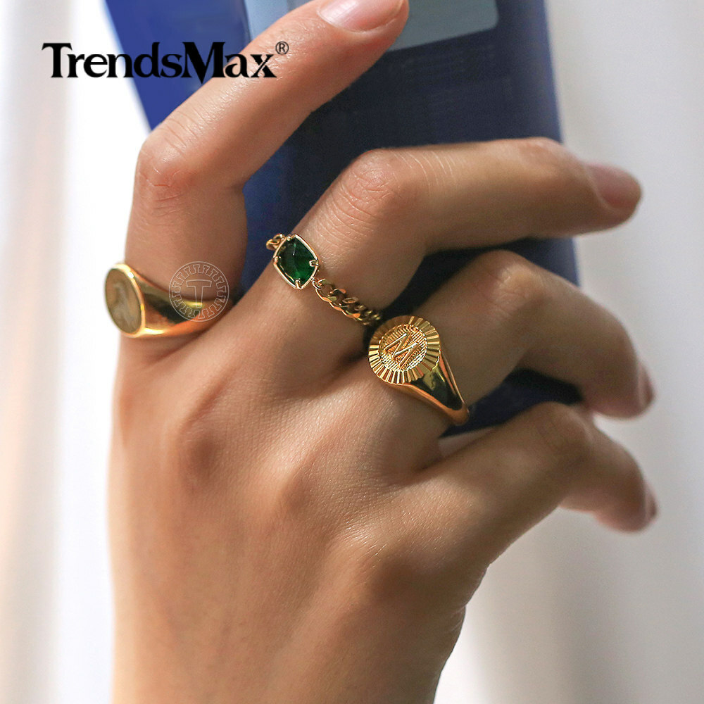 Gold Plated Monogram Letter A-Z Signet Ring Initial Alphabet Knuckle US Size 7