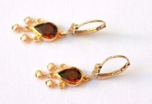 Unique Dangle Earrings 2Ct Pear Lab Created Garnet 14K Yellow Gold Plated Silver