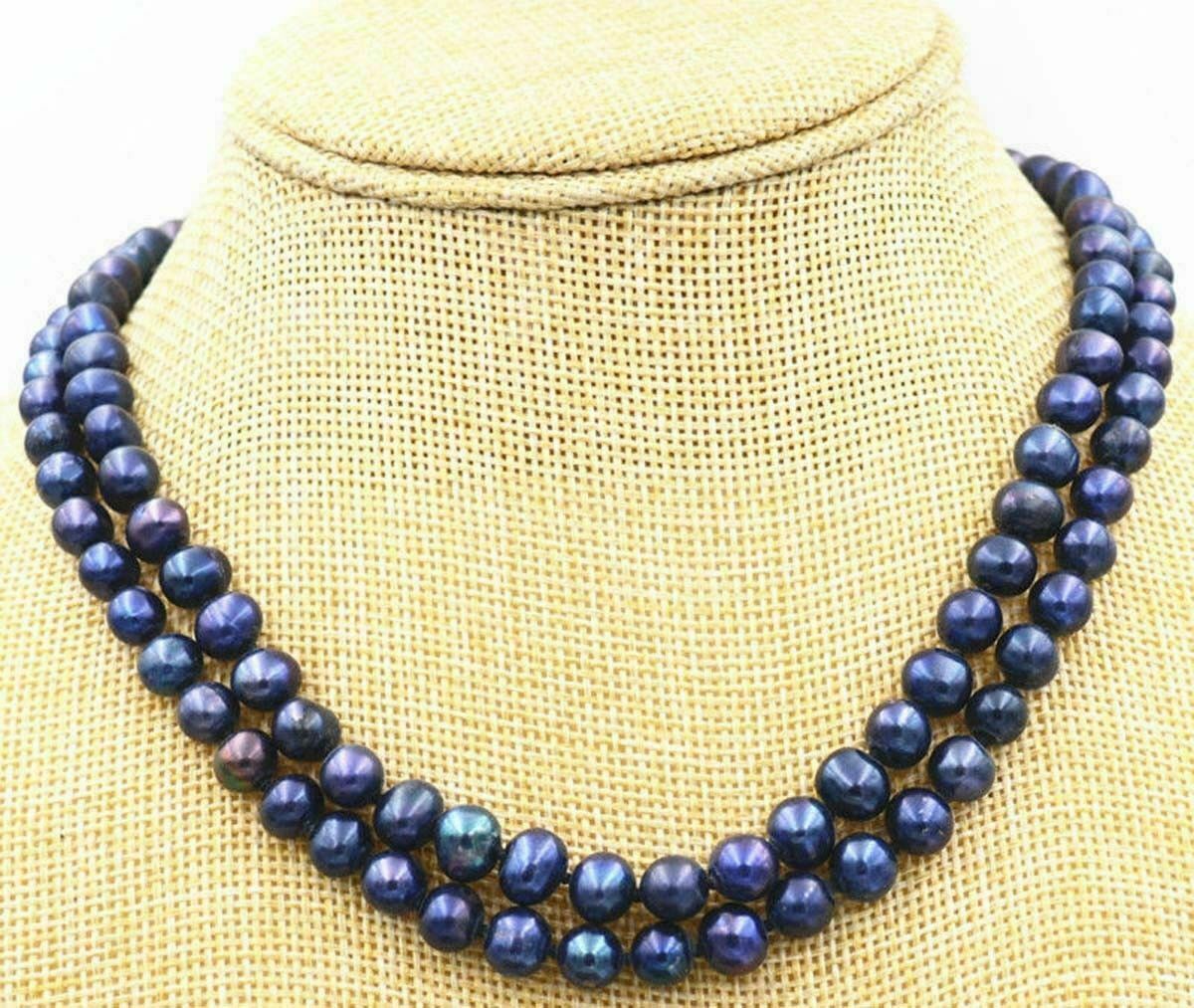 2 rows 7-8mm Natural Black akoya Tahitian Freshwater Pearl Necklace 17-18″