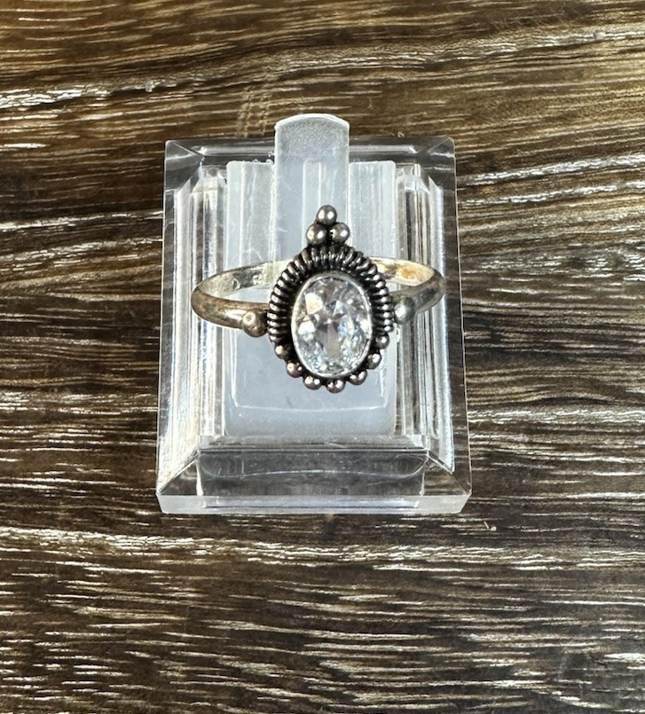 Vintage Sterling Silver FAS Oval Beaded Coil Edge Cubic Zirconia Ring Size 7.5