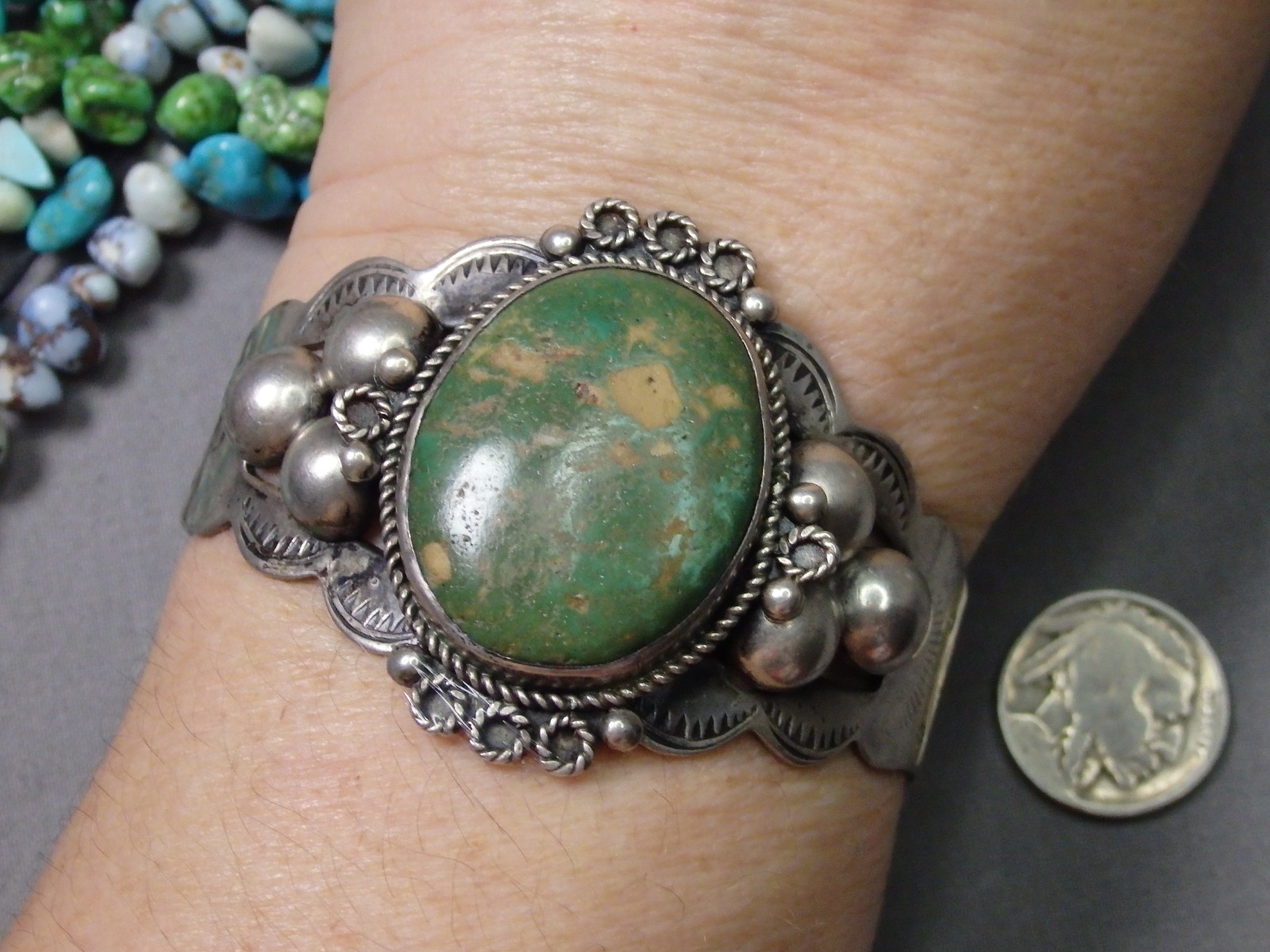 Fred Harvey Era NAVAJO Natural CERRILLOS TURQUOISE Sterling Silver 49g Bracelet