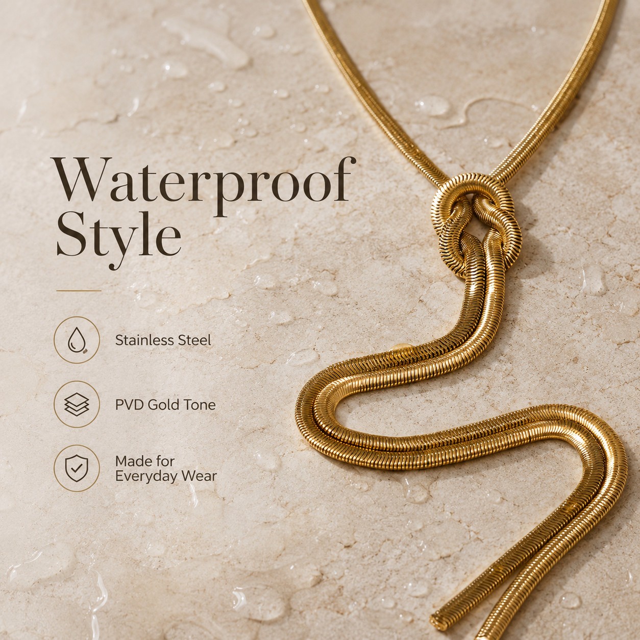 Gold Knot Snake Chain Necklace Stainless Steel Waterproof Statement Jewelry