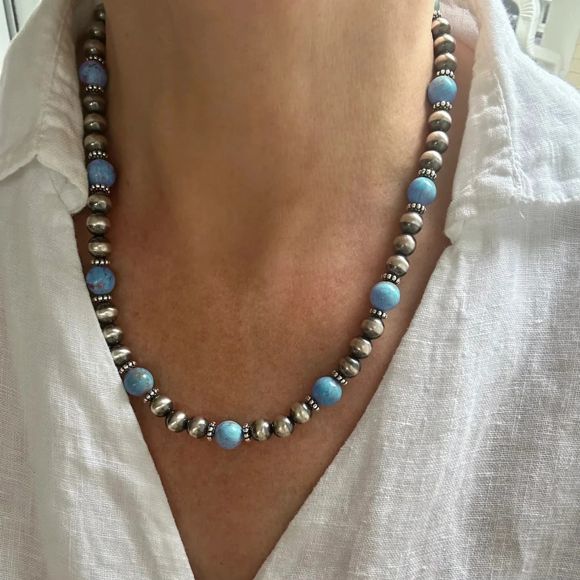 3Pcs Pearl Turquoise Beaded Necklace Set Boho Vintage Choker Women Jewelry