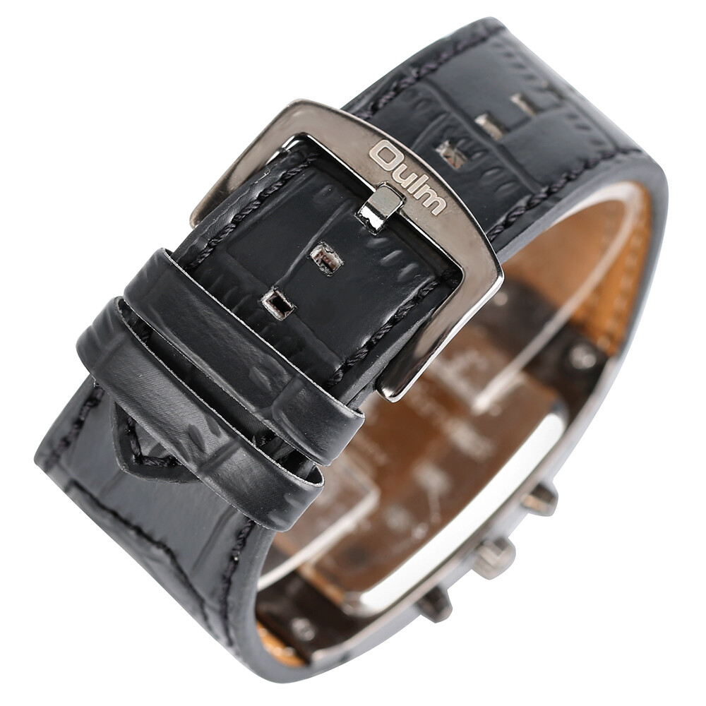 OULM Steampunk Style Two Time Zone Mens Watches PU Leather Quartz Wristwatch