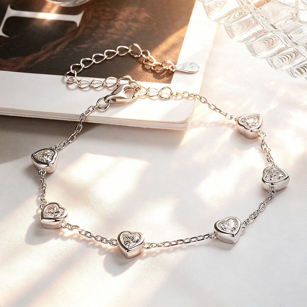 4mm Heart Cut Real Moissanite Bubble Bracelet Women Chain 925 Sterling Silver