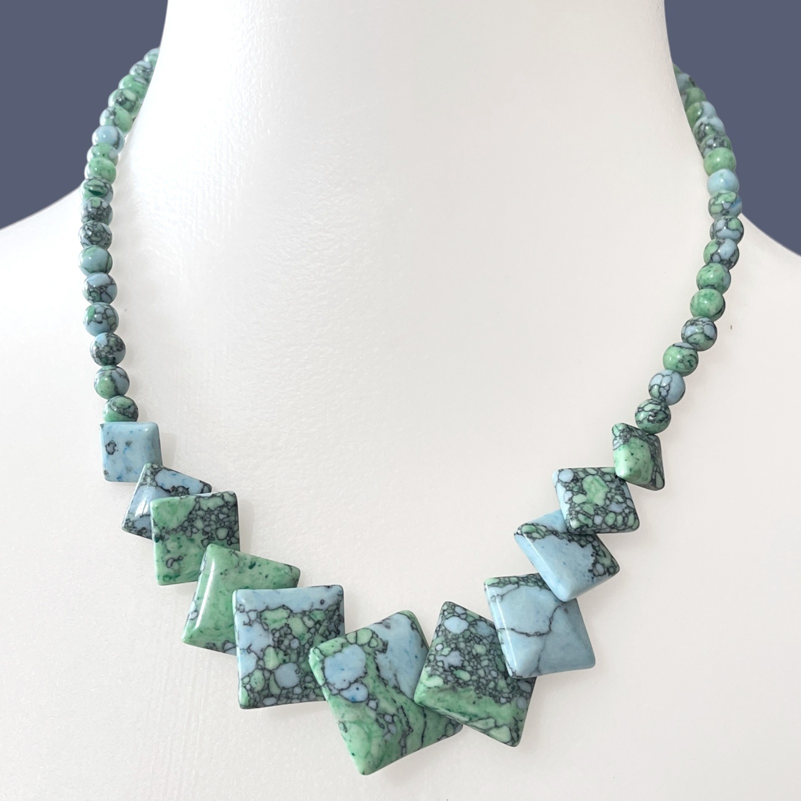 Blue Green Dyed Gemstone Bib Necklace Graduated Square Beaded 18″ Boho Southwest