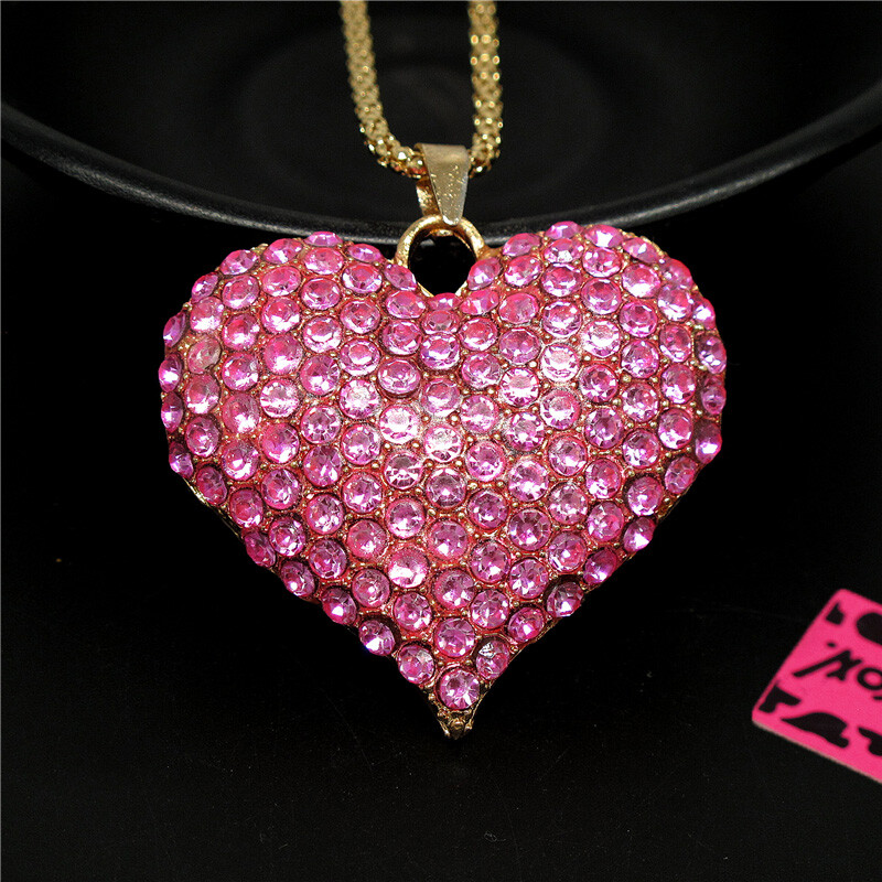 Fashion Women Pink Rhinestone Rose Shiny Heart Crystal Pendant Chain Necklace
