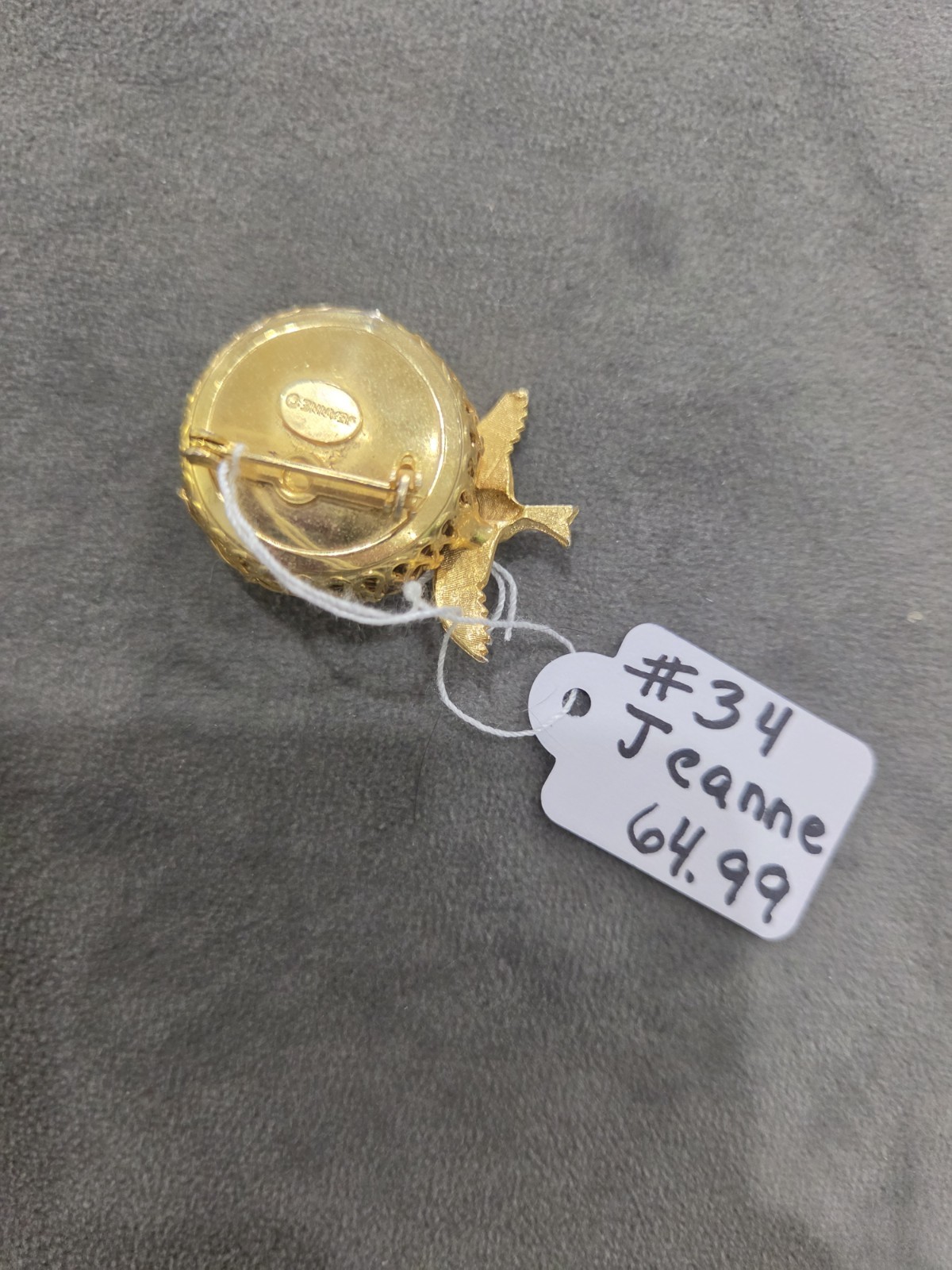 Vintage Signed JEANNE Gold Tone Bird’s Nest Brooch + Faux Pearl Eggs Pin 1.5″
