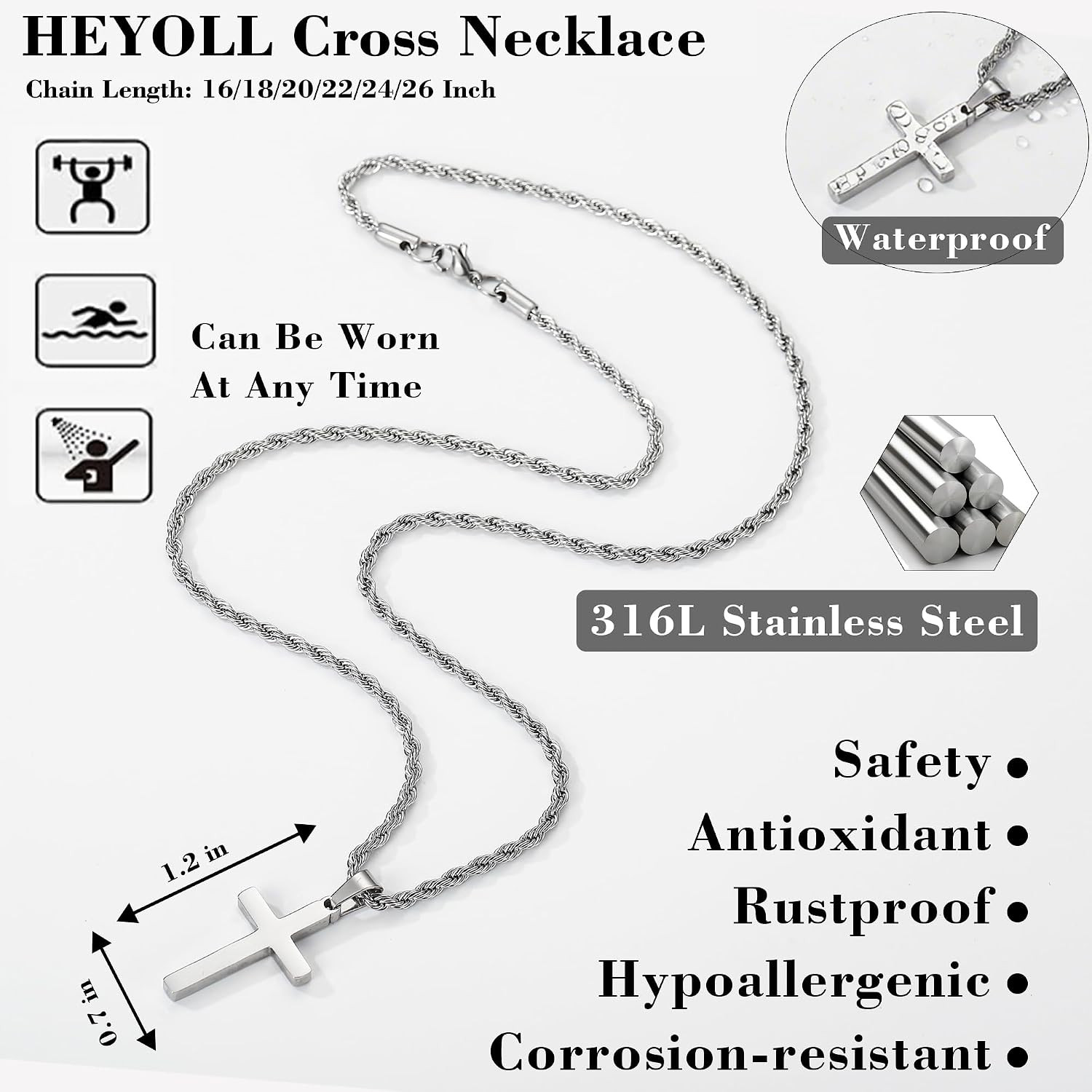 Cross Necklace for Boys Mens Stainless Steel Twisted Rope Chain Cross Pendant Ru
