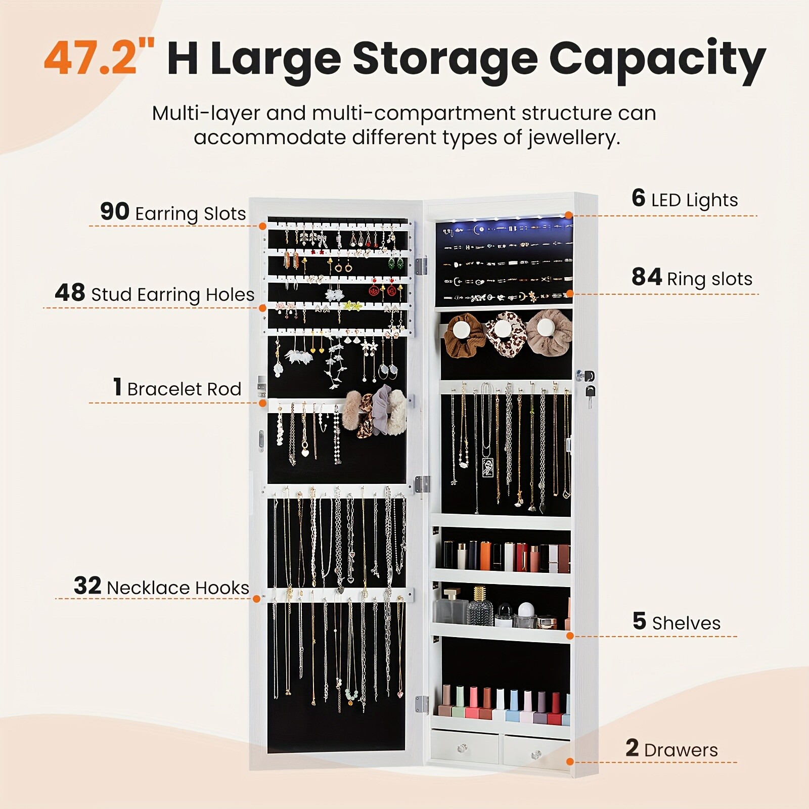 47.2-Inch Tall Lockable Wall Or Door Mounted Jewelry Cabinet With Mirror