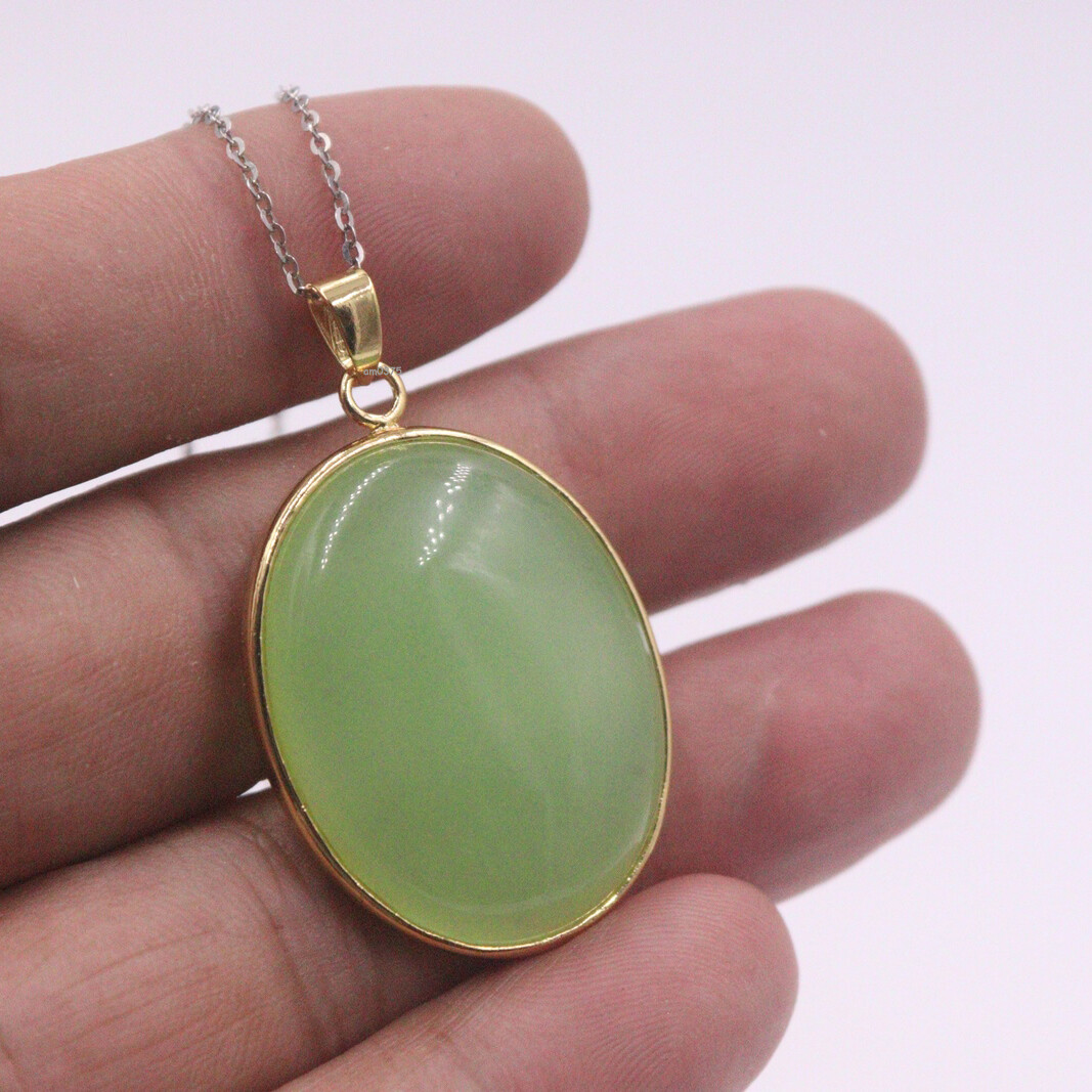 Yellow Gold-Plated Alloy Handmade Light Green Jade Big Round Pendant 40*25MM