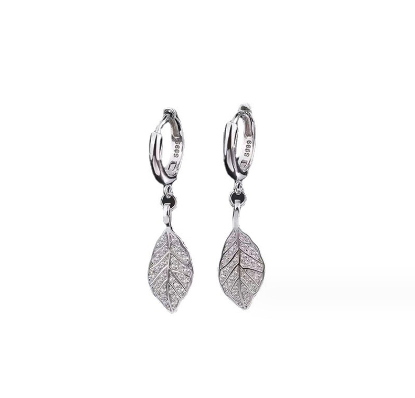 Women 925 Sterling Silver Dangle Pave CZ Hanging Leaf Huggie Hoop Earrings PE25