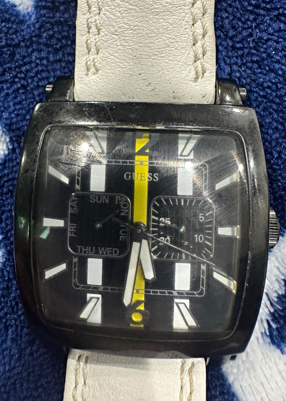 GUESS Steel Quartz Water-Resistant Square Black Dial SS Case White Leather Strap