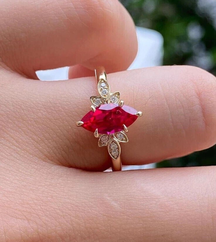 Marquise Cut Simulated Red Ruby Women’s Engagement Ring 14k Yellow Gold Plated
