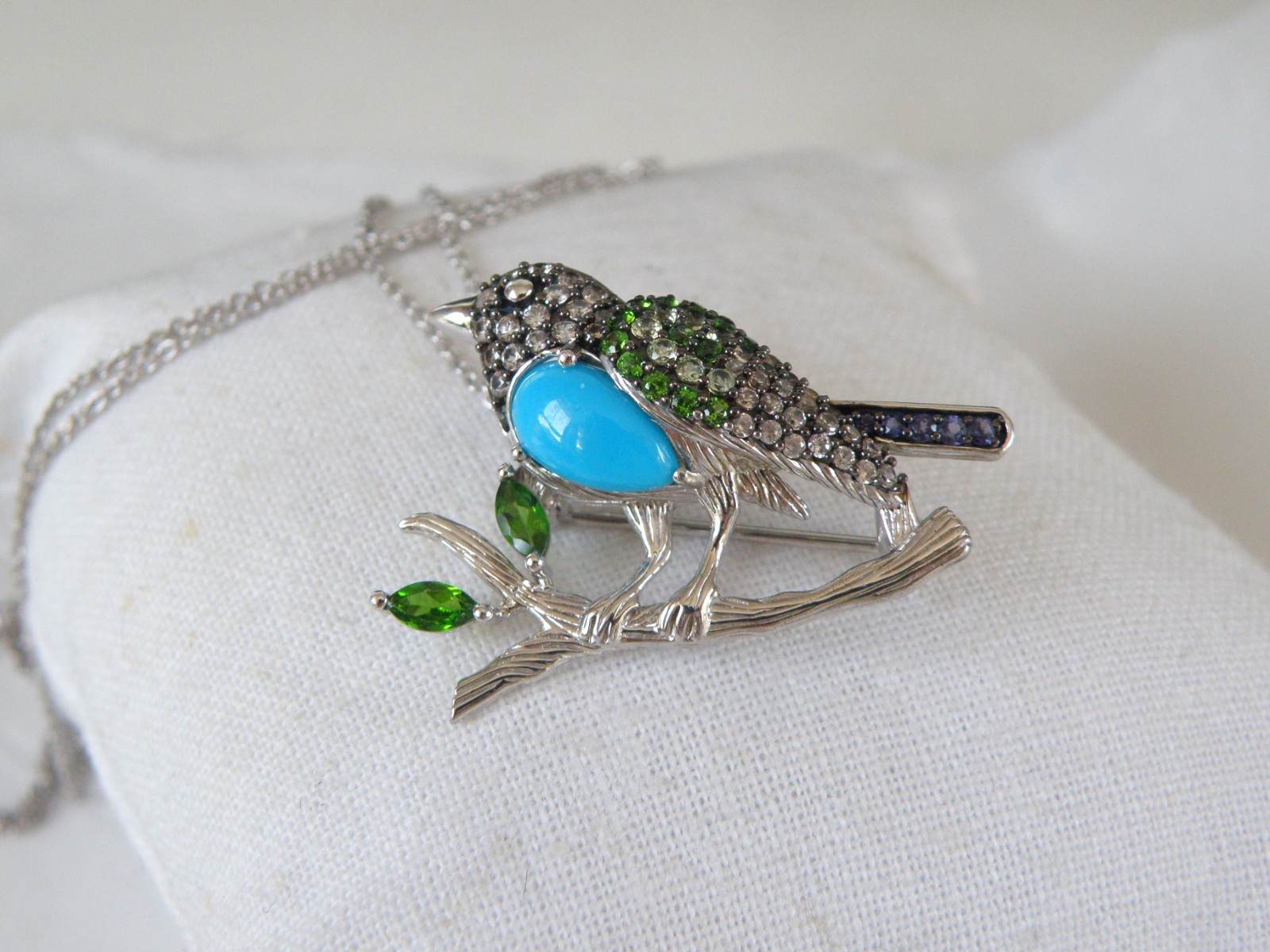 Victoria Wieck Sterling Silver 925 Turquoise Gemstone Bird Brooch Slide Necklace