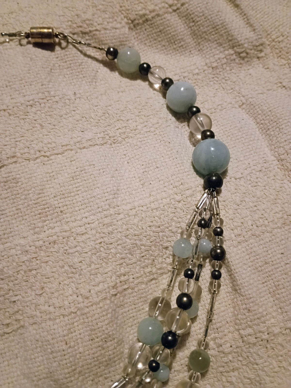 Multi-Strand Layered Blue & Clear Glass Beaded Necklace Silver Barrel Mag. Clasp