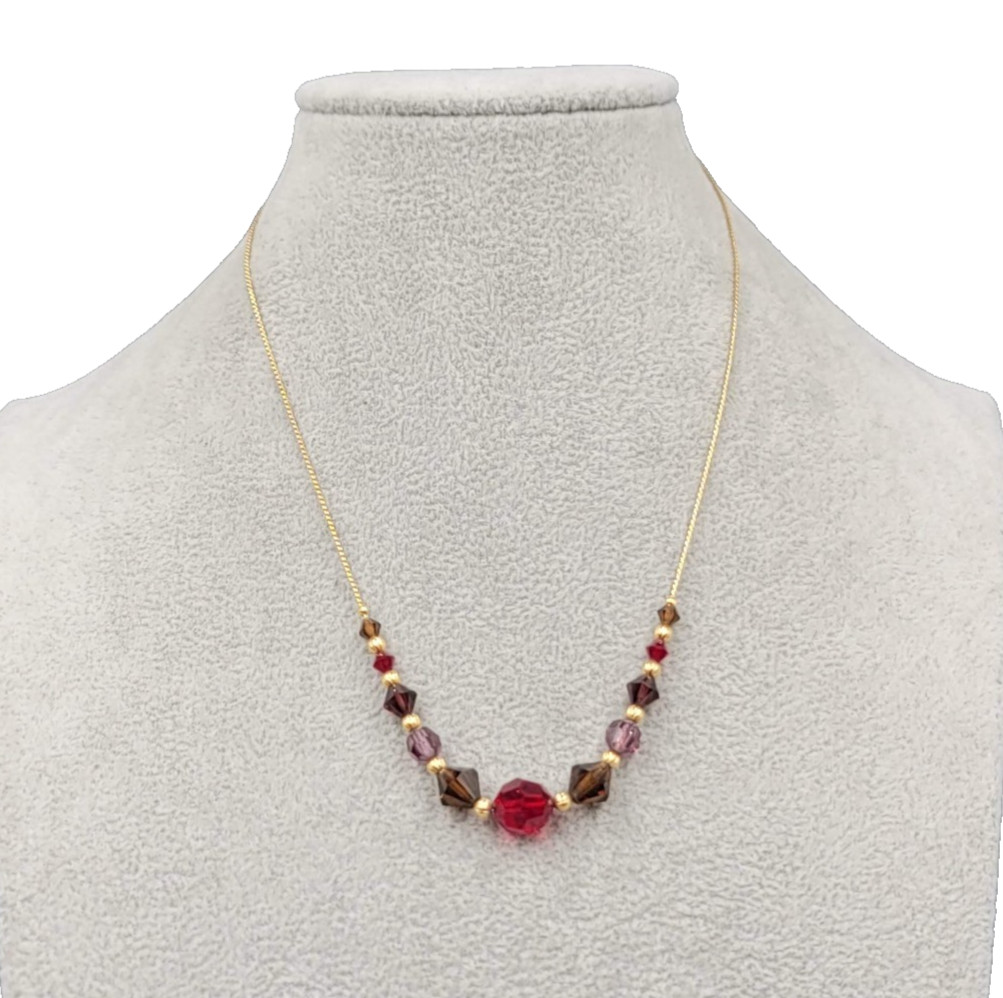 Red Brown Purple Crystal Bead Necklace Gold tone Chain 16″-19″