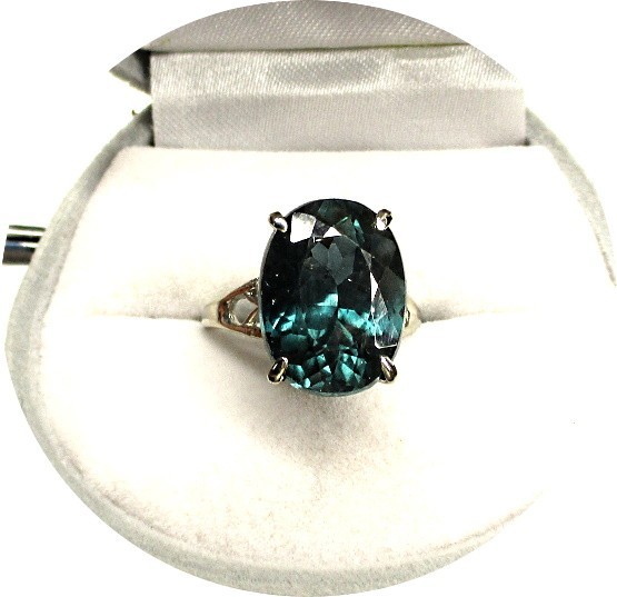 INDICOLITE Tourmaline Green-Blue Ring, 14k Solid White Gold Mtg.- certificate
