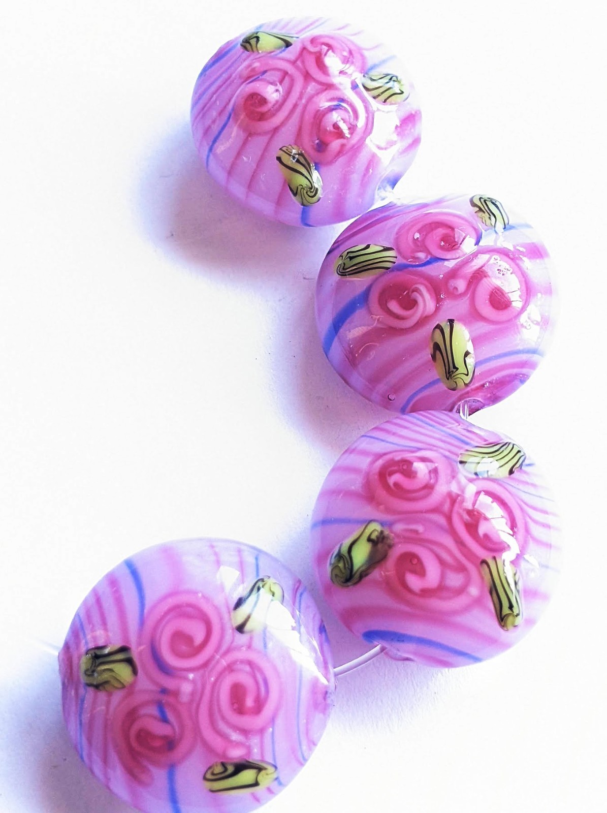 4 Handmade Lampwork Glass Lentil Beads Pink Roses 19 mm 4 beads (#p6)