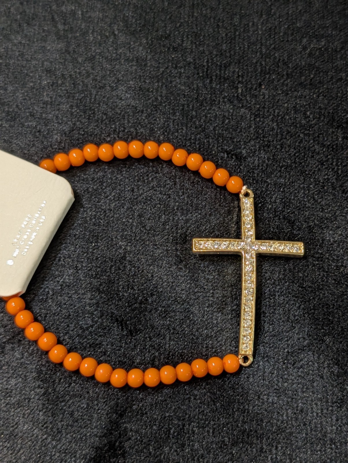 Crux Orange Beaded Stretch Bracelet w/ Gold Tone Pavé Clear Crystal Cross Charm