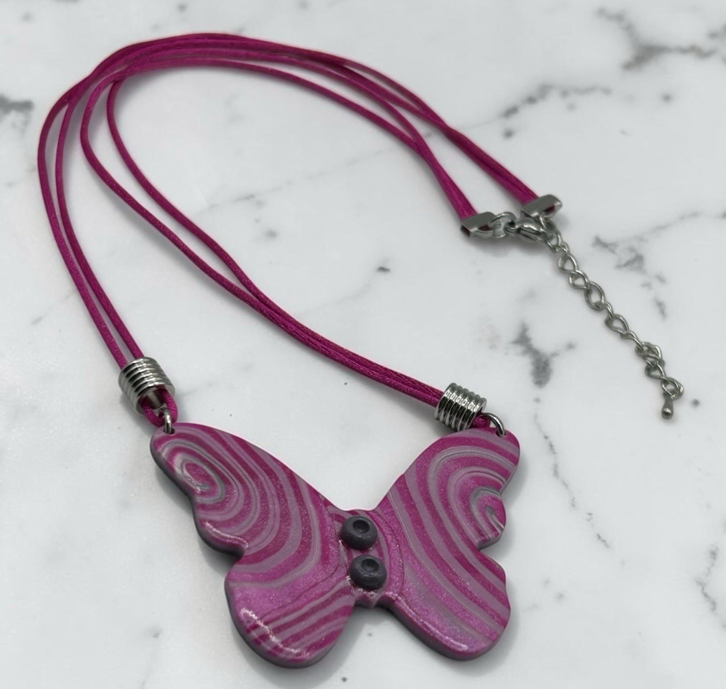 Polymer Clay Purple & Pink Swirl Butterfly Handmade Pendant Necklace Satin Cord