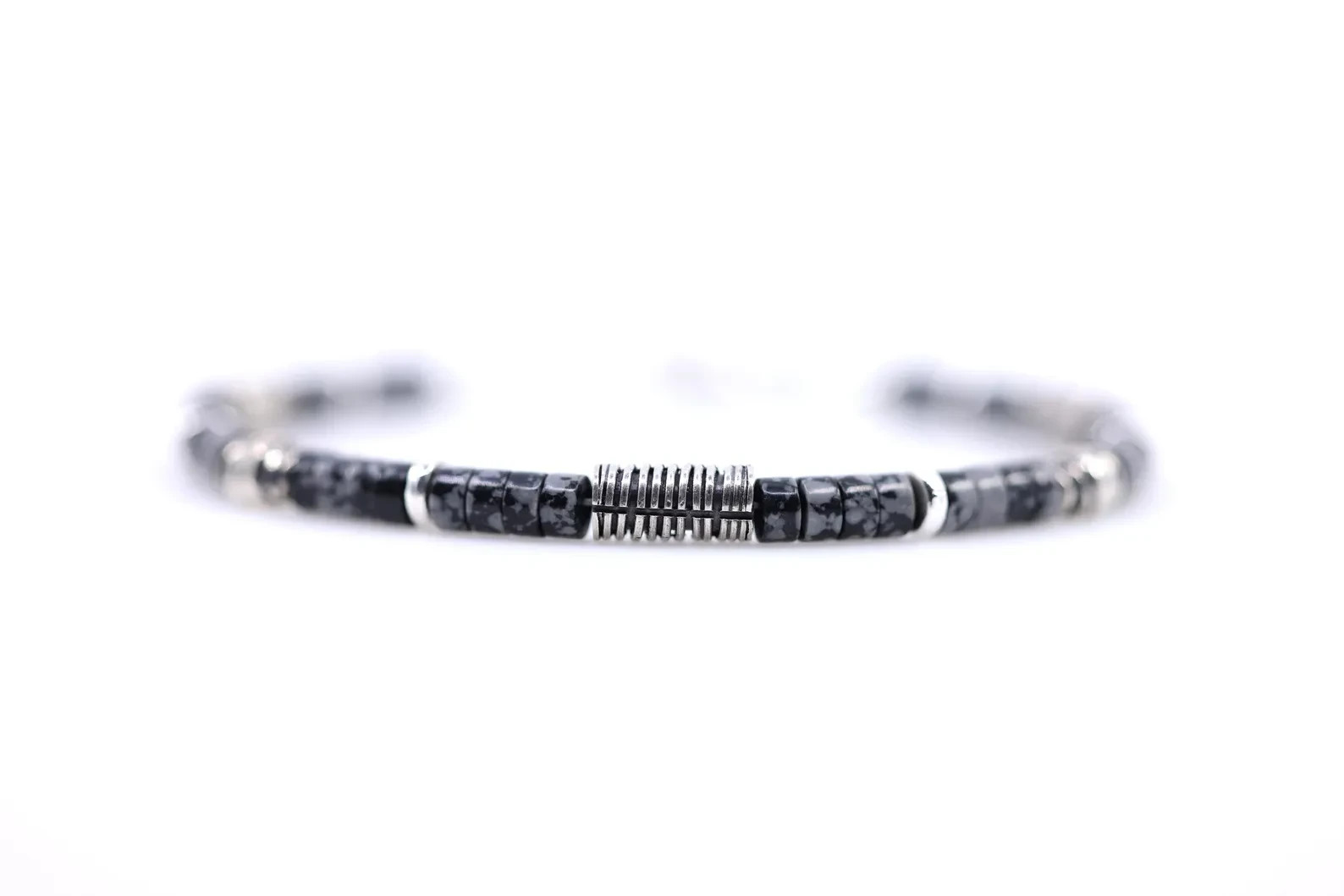Black Gray Obsidian Heishi Bracelet | Sterling Silver Textured Focal Bead | 4mm