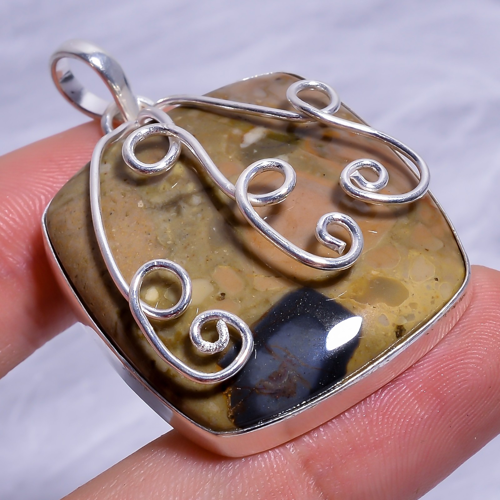 925 Sterling Silver Jewelry Natural Rhyolite Cushion Gemstone Pendant 1.75″ Gift