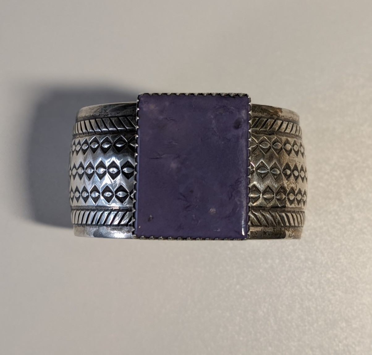 Gary S. Custer Navajo Sterling Charoite Cuff 114g Hand-Stamped 1⅜” Wide
