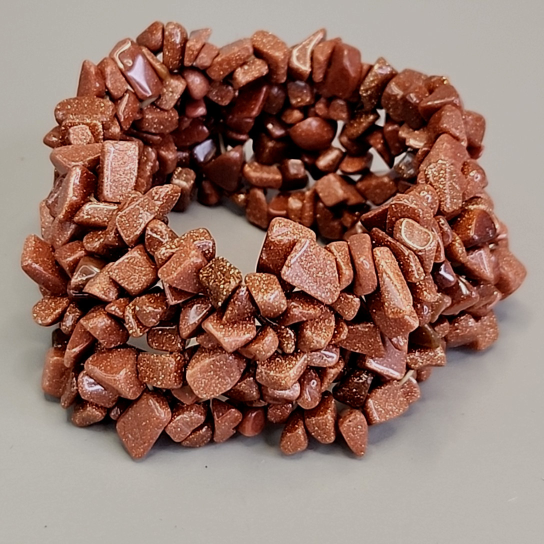 Vintage Goldstone Bracelet Chip Beaded Stretch 3cm Wide