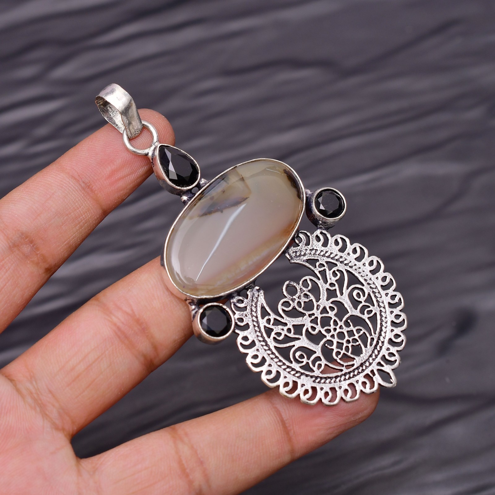 Montana Agate Gemstone 925 Sterling Silver Jewelry Pendant 3.26″