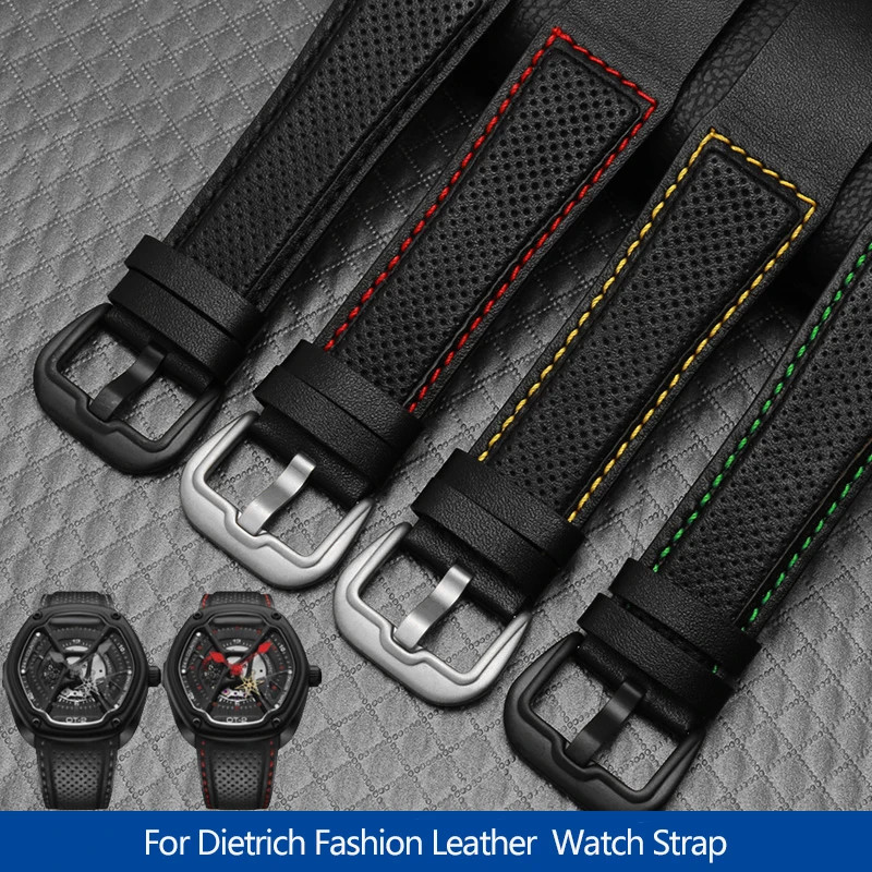 Leather Watch Strap For Dietrich OT-3 OTC-AO1 24mm Black Cowhide Wrist Band