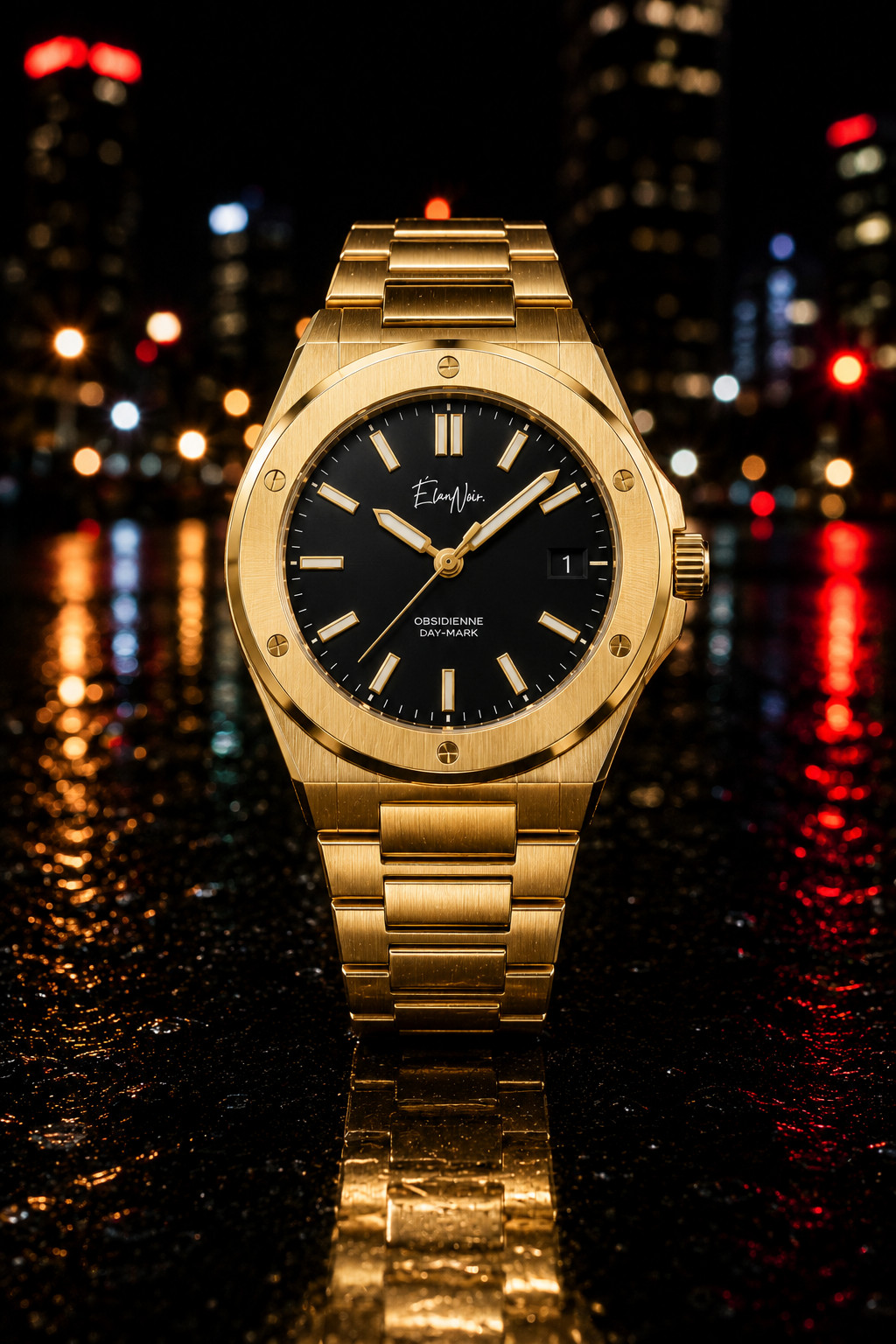 Élan Noir Day-Mark Automatic Mens Watch Gold Black Dial Sapphire Steel 41mm
