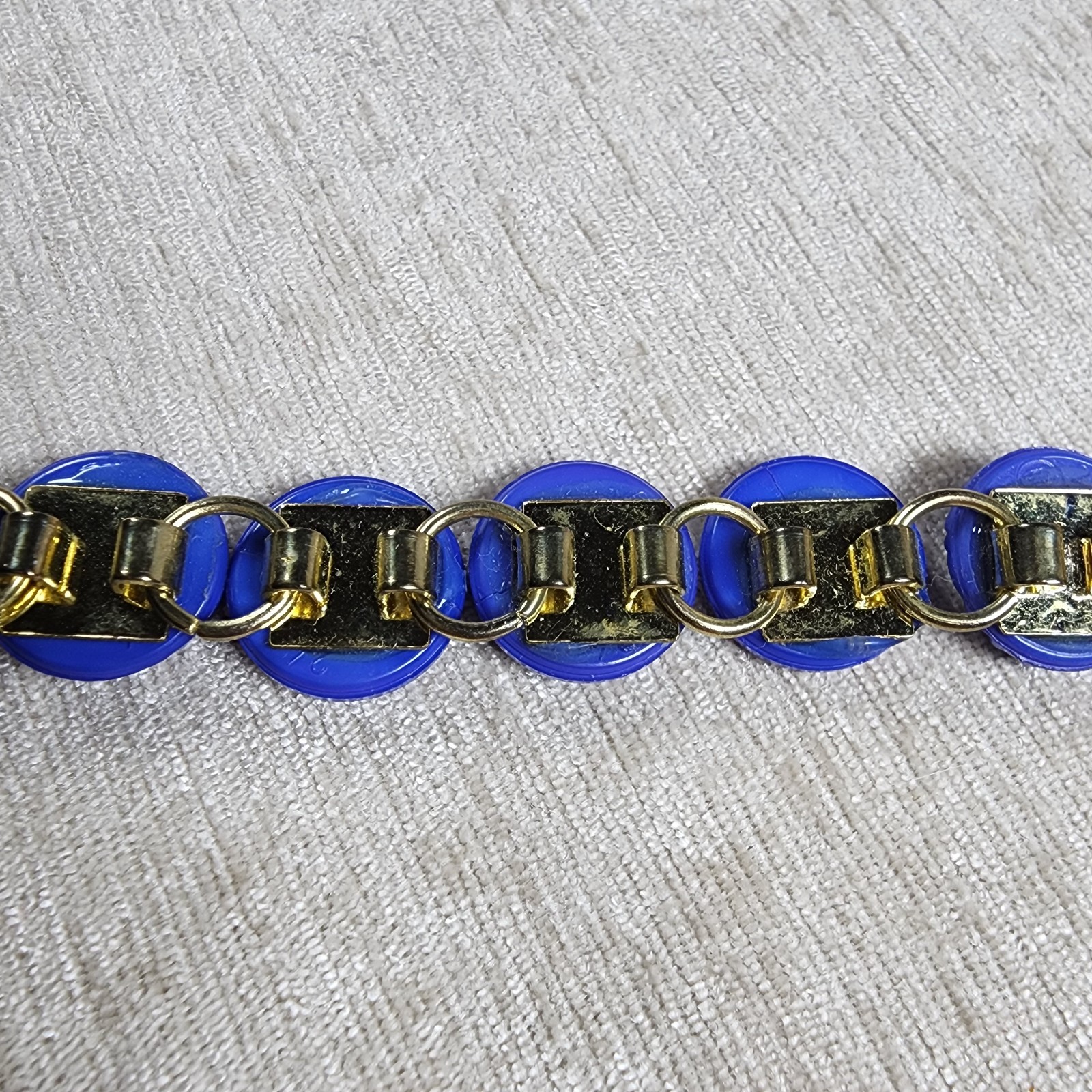 Vintage Button Blue Glass Detailed Image Embossed Bracelet Brass Links 7.5″