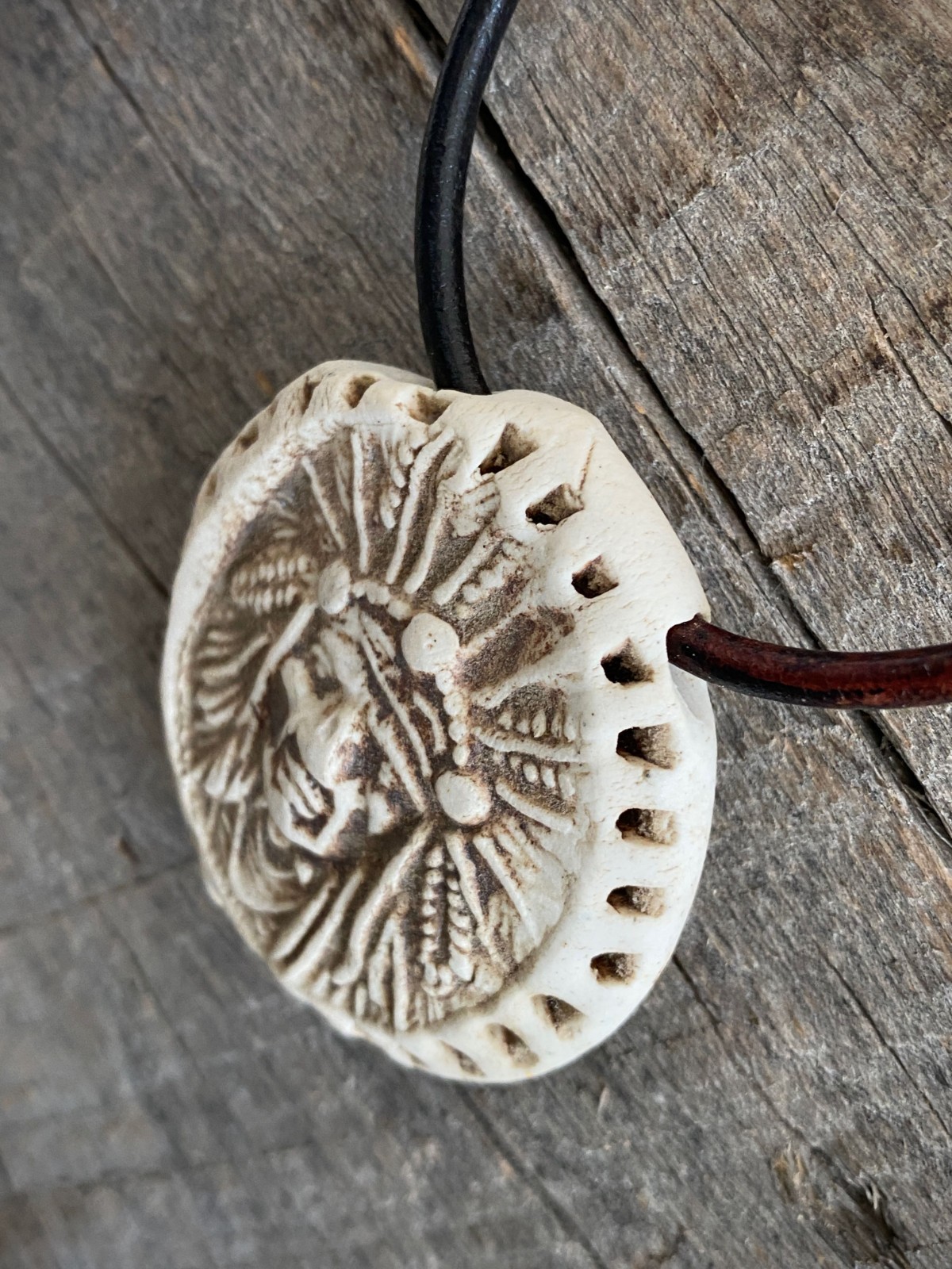 ARTISAN Ceramic Pottery Native American Indian Chief Pendant NECKLACE Warrior 2″