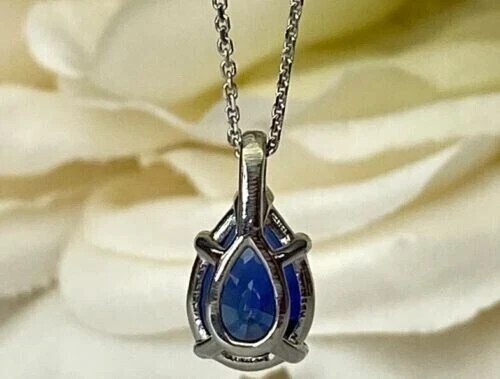 2.00Ct Pear Cut Lab Created Sapphire Solitaire Pendant 14K White Gold Plated
