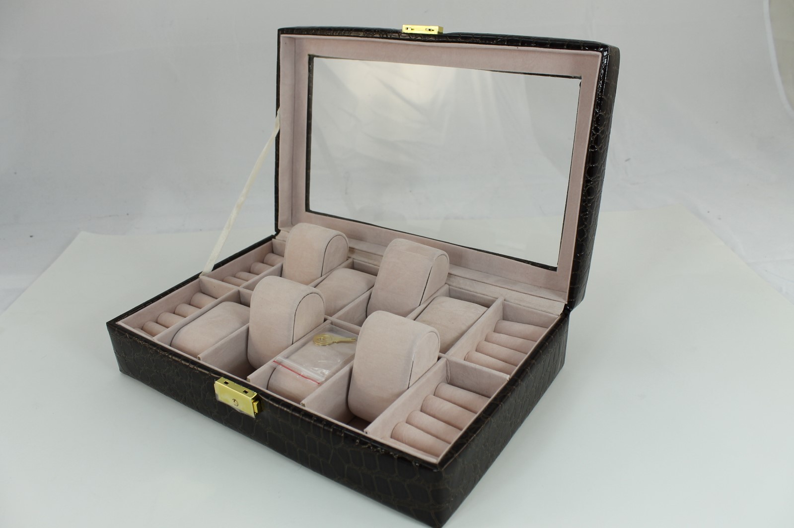 8 Slot Pillow Brown Leather Watch Case Box Jewelry Cufflinks Ring Organizer