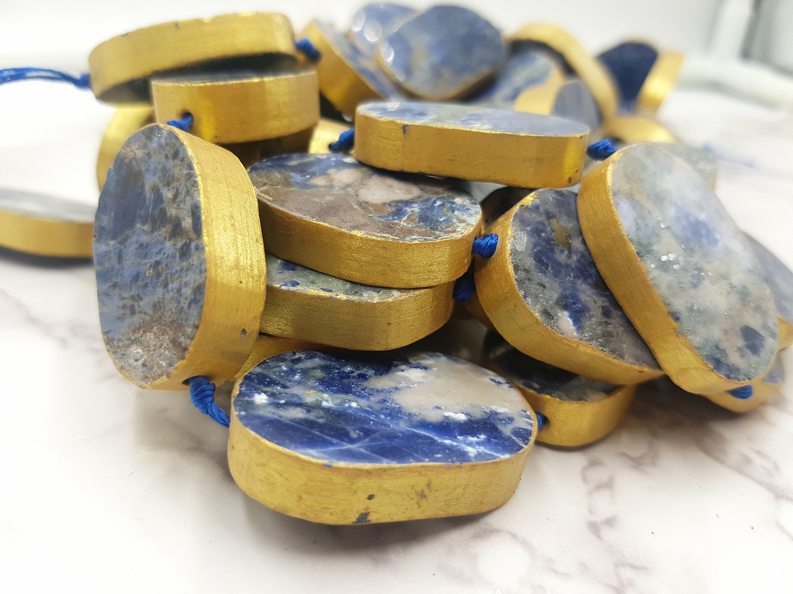 Sodalite Oval Bezel Slab Gold Leaf Edge Beads Approx 20x30mm 15.5″ Strand