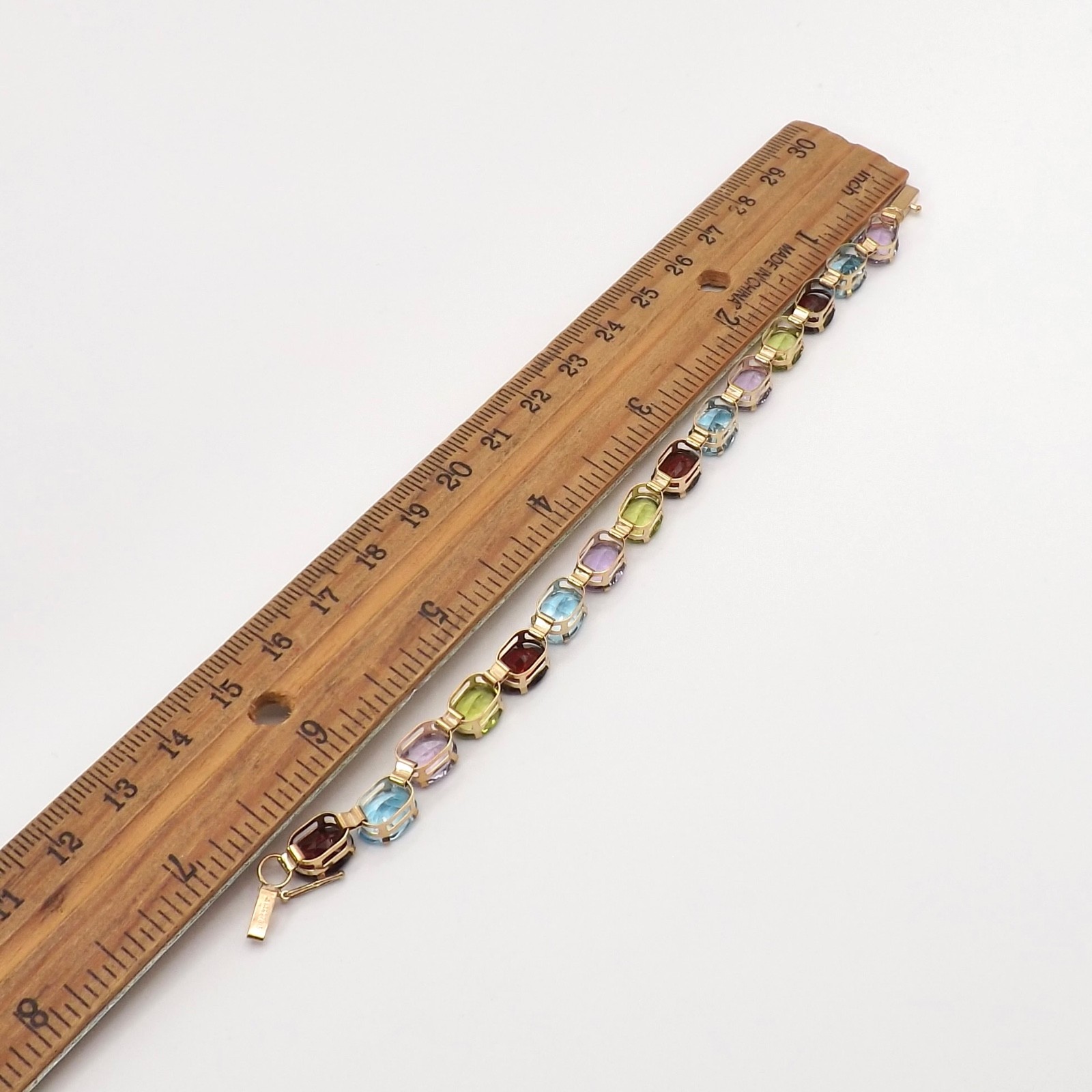 10k Gold Natural Rainbow Gemstone Tennis Link Bracelet 7in Garnet Topaz Amethyst