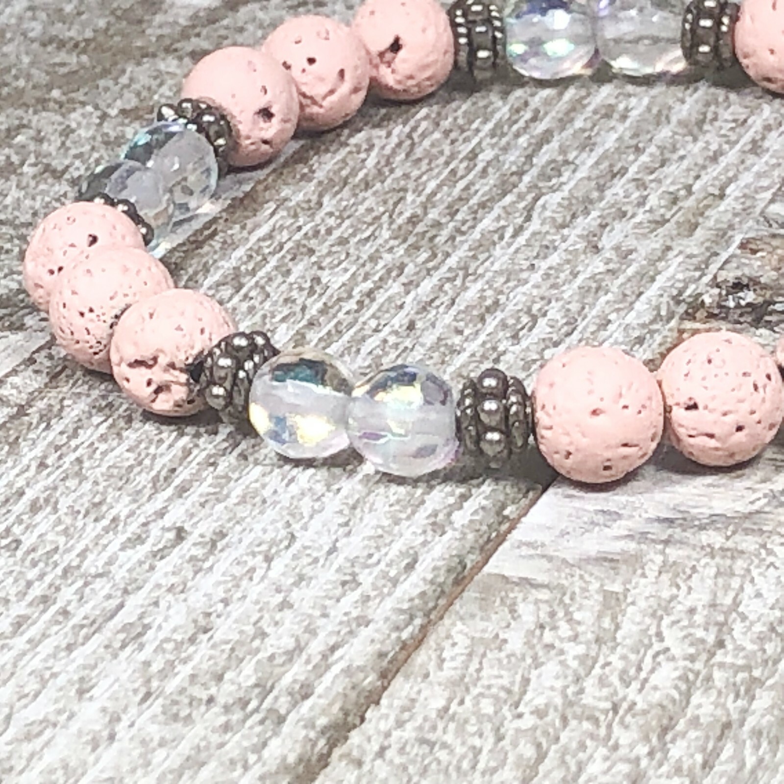 Pink Lava Beads and Faceted Rainbow Quartz Stretch Bracelet