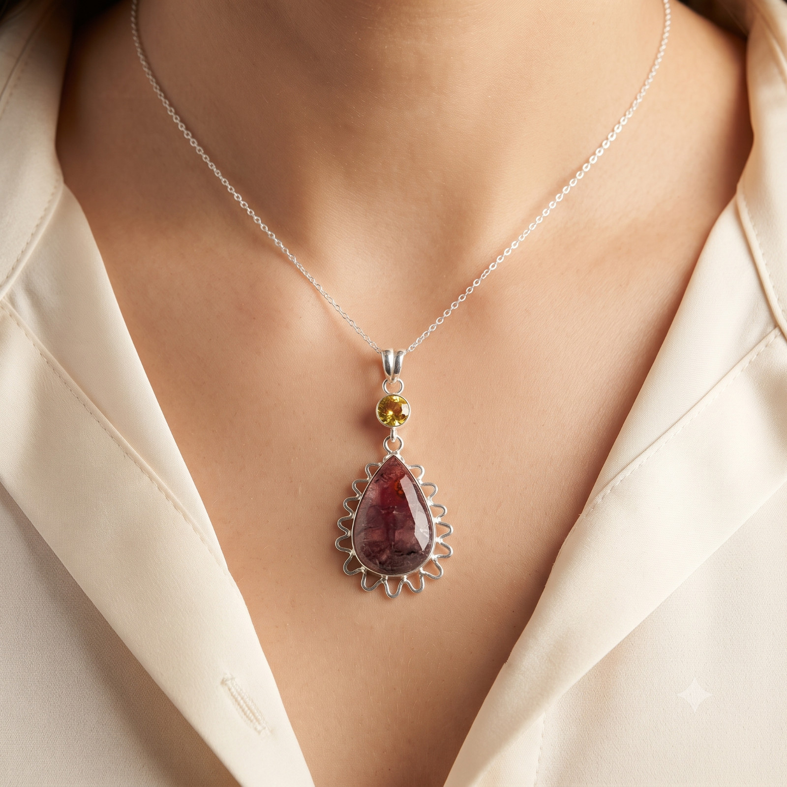 Natural Rhodonite Citrine 925 Silver Wedding Birthday Engagement Mother Pendant